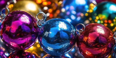 Poster - Christmas ball texture on a shiny, reflective colorful chain texture.