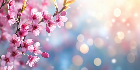 Poster - Lovely pink blossoms of a Sakura tree against a blurred bokeh backdrop on a warm, sunny day. Spring-themed background with copyspace.