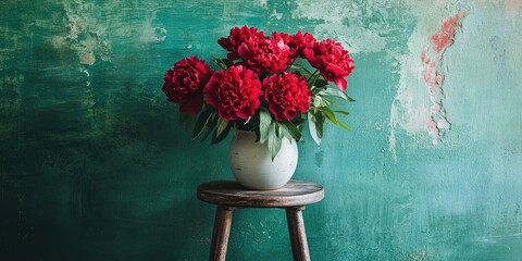 Poster - Vase of red peonies on a stool beside a green wall.
