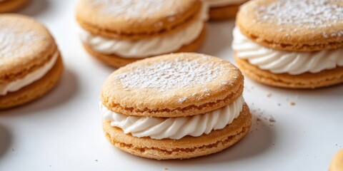 Poster - Close-up of sandwich biscuits filled with cream on a white background.