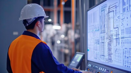 Poster - A factory worker wearing a hard hat and safety vest monitors a large digital screen displaying industrial data.