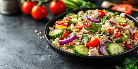 Poster - Food dieting concept featuring tuna salad. Couscous salad with canned tuna, tomatoes, cucumbers, and purple onions on a table. Copyspace.
