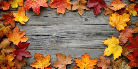 Aufkleber - Framed with autumn leaves on a wooden surface, top view.