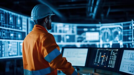 Poster - A worker in an orange jumpsuit and a white hard hat stands in front of a large control panel. The control panel is full of monitors displaying data and graphs. 