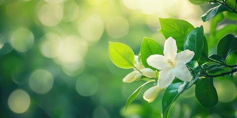 Poster - Soft focus of a flower against a blurred background of branches and leaves (Cape Jasmine, Cape Gardenia), with space for text in the template. Bokeh effect, natural green backdrop. Ecological concept.