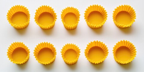Poster - Yellow silicone molds for baking cupcakes on a white background, top view.