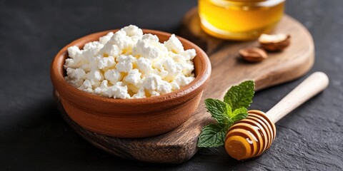 Aufkleber - Cottage cheese in a clay bowl alongside honey on wooden boards. Sour cream is in a wooden spoon. Dairy items and honey set against a dark background. Fresh mint and soft cheese for breakfast.