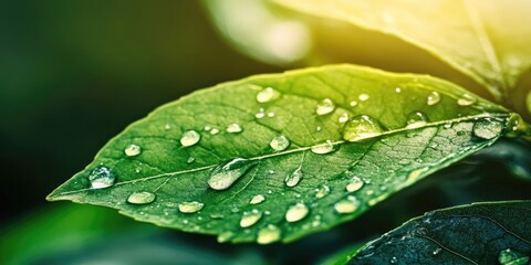 Aufkleber - A close-up of water droplets on a green leaf after rainfall.