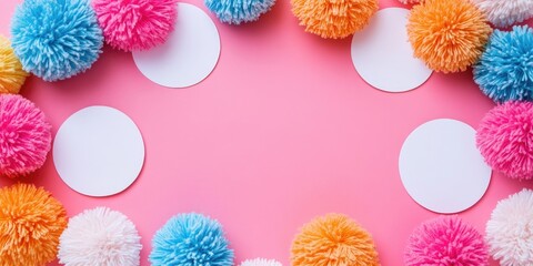 Poster - Holiday backdrop featuring vibrant soft fluffy balls for festive decoration, a pink paper background, and white round blank cards with space for text.