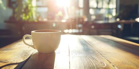 Aufkleber - Cup of coffee on a wooden table in sunlight / selective focus