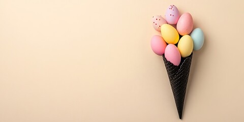 Poster - Easter eggs in a black ice cream cone on a pastel beige background. Flat lay, Easter theme with copy space.