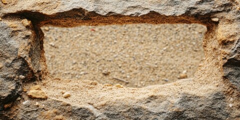 Fototapete - Close-up of a stone frame against a sandy background. Beach. Copy space.