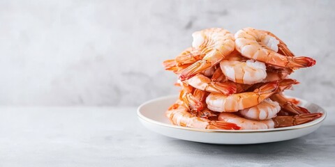Poster - A stack of frozen shrimp on a white plate against a white backdrop. Copy space.