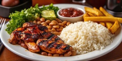 Poster - Rice and beans accompanied by French fries, grilled chicken fillet, and salad, a typical Brazilian dish.