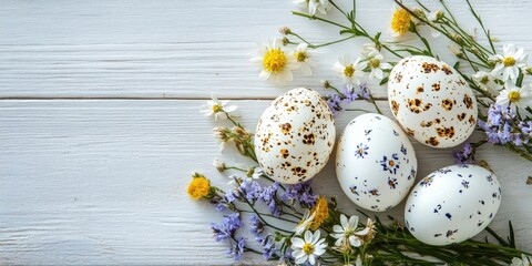 Aufkleber - Easter Eggs with Spring Flowers on a White Wooden Surface