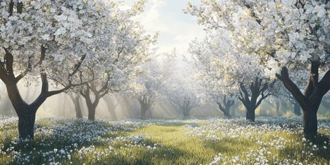 Poster - blooming field of cherry trees with white flowers on a sunny spring day - Image
