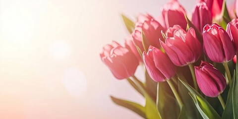 Poster - Congratulations and tulips against a light background. Selective focus. Nature.