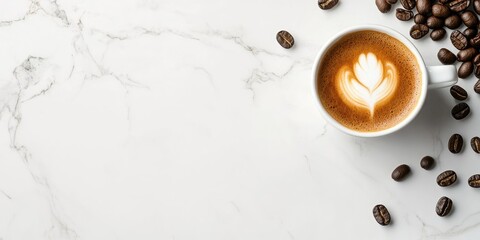 Poster - A cup of coffee alongside coffee beans on a white marble background. Top view with copyspace for your text.