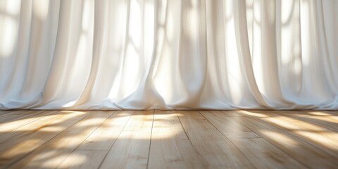Aufkleber - Empty wooden floor with elegant wavy white satin cloth curtains, out of focus in the background, serving as a product placement backdrop.