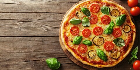 Poster - Vegetable Italian pizza topped with tomatoes on a wooden surface, copyspace, top view.
