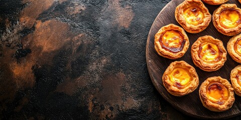 Poster - Pasteis de nata, traditional Portuguese egg tarts, arranged on a table. Top view with copy space.