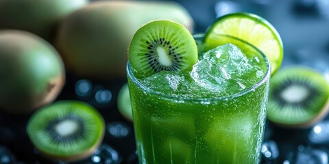 Aufkleber - Close-up image of a glass containing green fruit juice, decorated with lime and kiwi fruits.