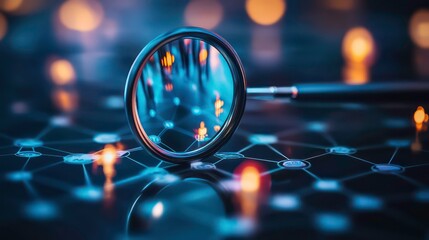 Poster - Magnifying glass over a network diagram with glowing points of light reflecting in the glass.
