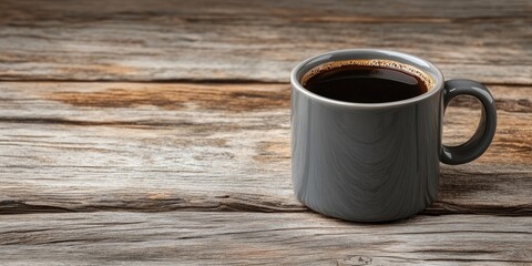 Aufkleber - A gray mug holding dark coffee rests on a weathered wooden table background with vacant copyspace.