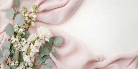 Poster - Creative wedding frame composition mockup featuring a pink blanket, flowers, eucalyptus branches, and copy space on a white background. Flat lay, top view stylish art concept.