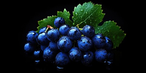 Canvas Print - Wet blue grapes set against a black background. Copy space.