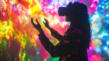 Poster - Silhouette of a woman wearing VR headset interacting with a colorful digital environment.