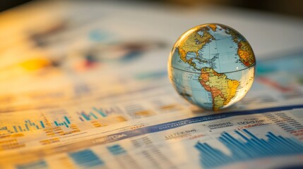 Canvas Print - A globe rests on printed reports and charts, symbolizing global business, economics, and data analysis.