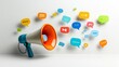 © Srinard - Vibrant megaphone with bold colorful speech bubbles floating in a clean modern space representing impactful marketing and social media messaging for brands campaigns and digital outreach