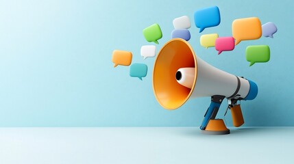 Poster - Vibrant megaphone with bold colorful speech bubbles floating in clean minimalist space representing marketing social media and digital communication messaging  Conceptual graphic design for business