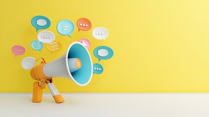 Poster - Vibrant megaphone with floating speech bubbles in a clean background representing the concept of advertising social media messaging and digital marketing communication