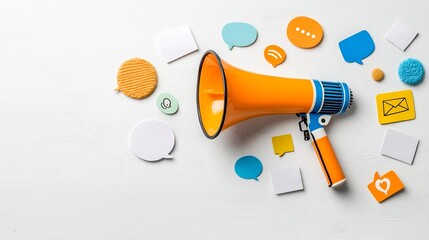 Aufkleber - Vibrant megaphone with bold colorful speech bubbles against a clean background representing social media advertising and marketing concepts