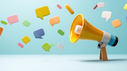 Poster - Vibrant megaphone and colorful floating speech bubbles against a clean background representing powerful marketing and communication concepts  This image suggests effective strategies for branding