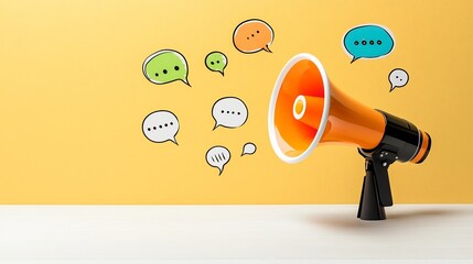 Poster - Vibrant megaphone with colorful floating speech bubbles on a clean background representing marketing and communication concepts such as advertising promotion messaging broadcasting
