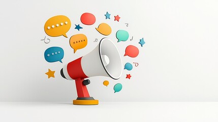 Poster - Colorful speech bubbles emerging from a megaphone in a clean style symbolizing advertising communication and digital marketing concepts