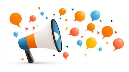 Poster - Vibrant of colorful speech bubbles emerging from a modern minimalist megaphone icon symbolizing the concept of advertising marketing communication and digital media