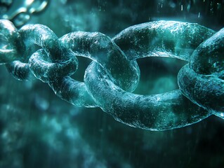Poster - Close-up of a dark teal, icy chain, links interlocked, with a blurred background suggesting water or mist.