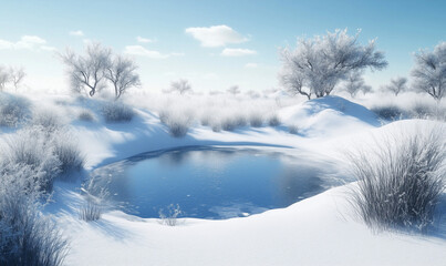 Canvas Print - Pure Snow Field: Cold Savannah Waterhole with Winter Savannah Backdrop