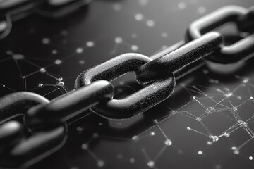 Poster - Close-up of a metallic chain with interconnected nodes in the background, symbolizing connection and security.