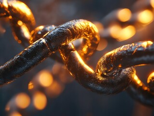 Poster - Close-up of a metallic chain glowing with warm light.