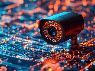 Aufkleber - Close-up of a security camera on a circuit board, illuminated with vibrant orange and blue light.