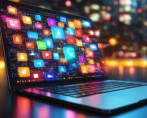 Poster - Modern 3D laptop with numerous floating, vibrant digital icons and apps, representing the expansive world of online connectivity and technological progress