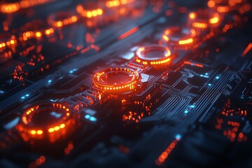 Fototapete - Close-up of glowing orange and blue circuit board with intricate details.