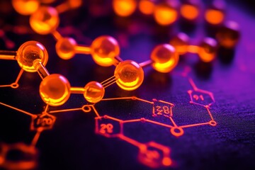 Poster - Close-up of glowing orange molecular model on dark background with chemical formula.