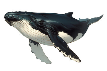 Poster - majestic humpback whale gracefully swims, showcasing its distinctive features against white background. whale textured skin and powerful fins are highlighted in this isolated view
