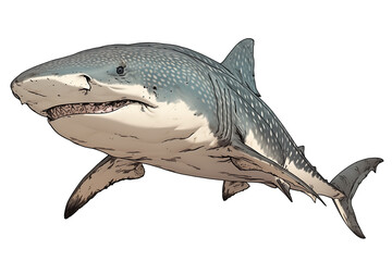 Poster - Whale shark illustration on white background, showcasing its distinct spotted pattern and large size. gentle expression highlights its peaceful nature